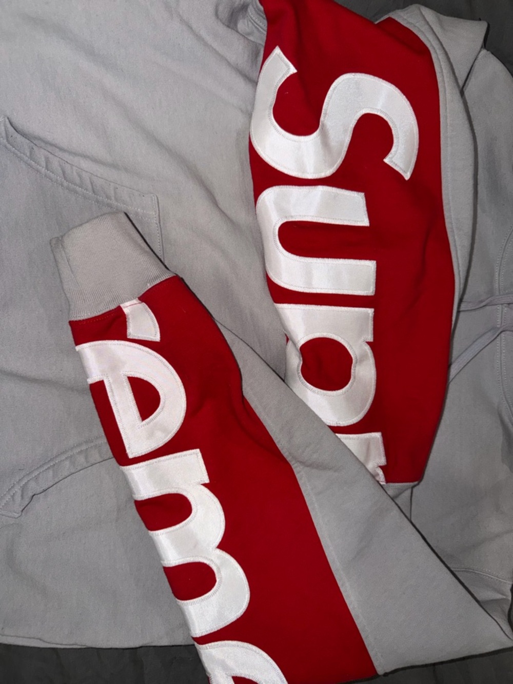Supreme Gray Hoodie with Red Logo Panels - Picture 2 of 4